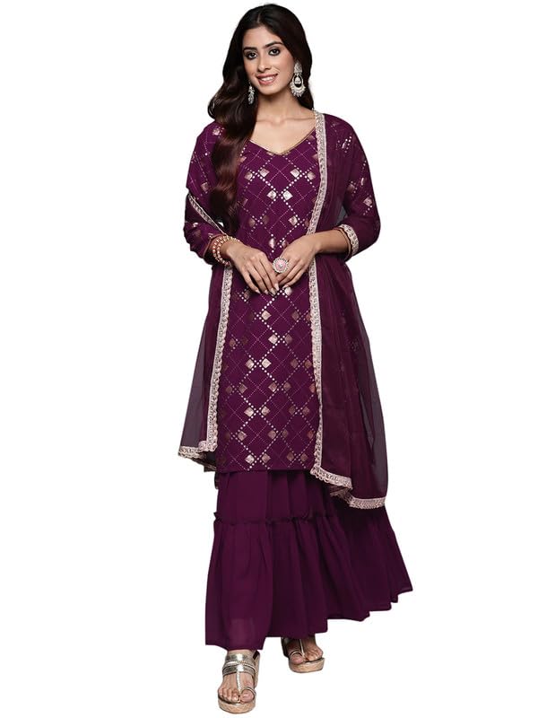 INDO ERA Georgette Women Embroidered Sharara Set