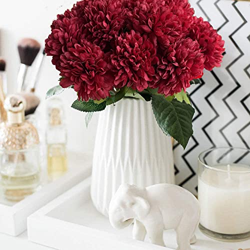 Plobach 10Pcs Red Artificial Silk Ball Chrysanthemum With Stems Real Look Fake Hydrangea Bridal Flower Bouquets For Wedding Arrangement Bridal Shower Centerpieces Christmas Home Table Decorations #TOP1