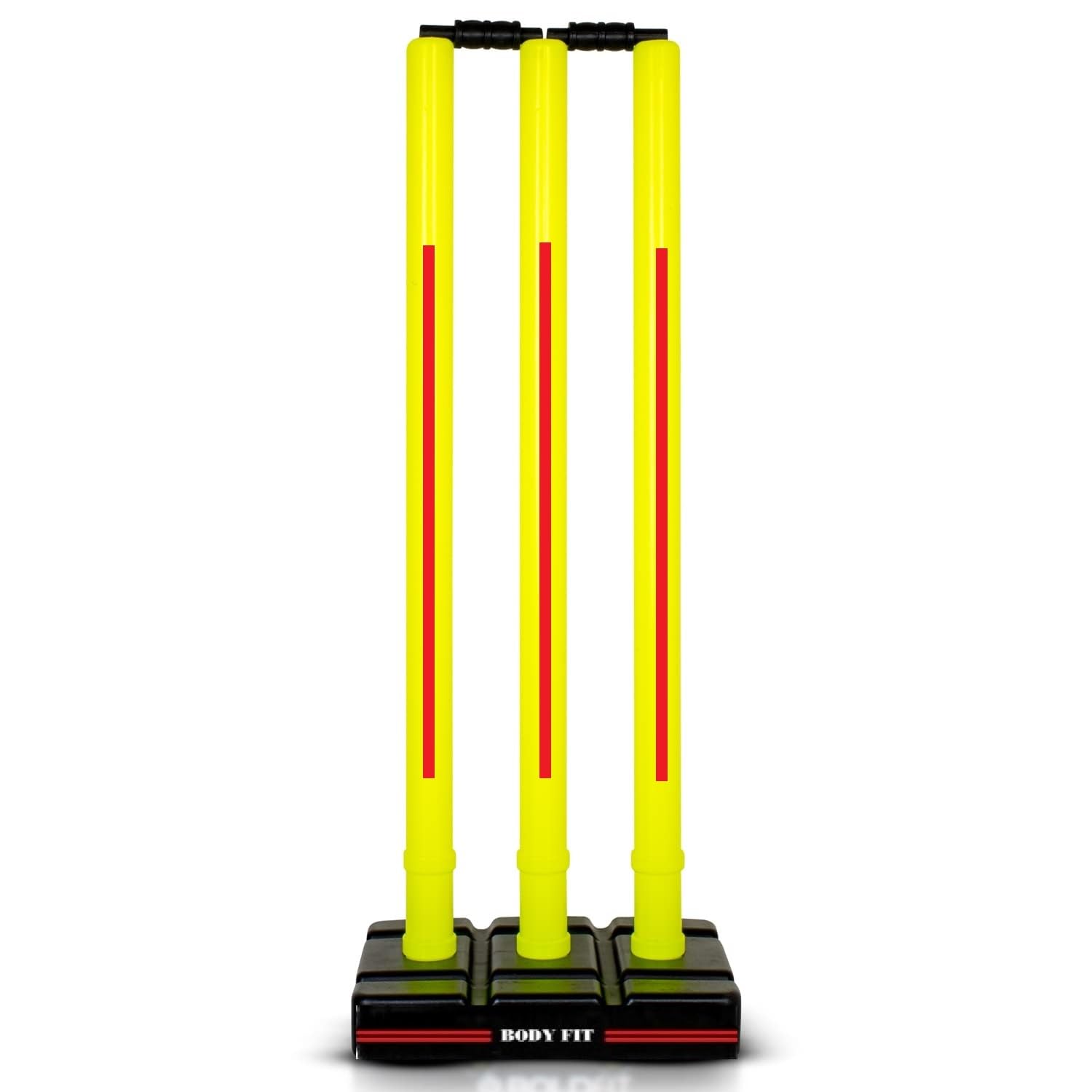 Bodyfit Heavy Cricket Stumps | Plastic Wickets Set with 3 Stumps + 2 Bails + 1 Stand | Full Size Wickets for Cricket Ground.(700-750Gm) Floro Yellow-Red.-image-14