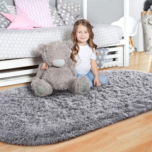 Noahas Fluffy Grey Rugs for Bedroom Living Room,2'X5' Oval Throw Rug for Kids Room,Shag Hallway Runner Rug,Small Soft Shaggy Bedside Non-Slip Plush Nursery Dorm Carpet Home Decor Aesthetic