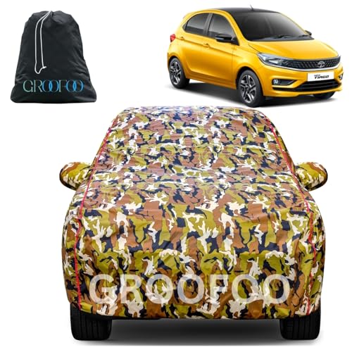 Image of GROOFOO Waterproof Car Body Cover with Mirror Pockets Compatible with Tata Tiago | Triple Stitch Blue Piping Car Cover UV & Dust Proof All-Weather Protection, Adjustable Buckle (Army and Red)
