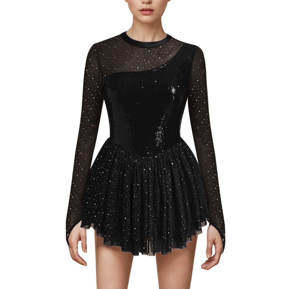 AFAVOM Sequin Figure Skating Dress for Women Girls Long Sleeve Mesh Rhinestone Ice Skating Dress Glitter Asymmetrical Chiffon Skirt Shiny Ballet Lyrical Costume for Competition Performance Black S