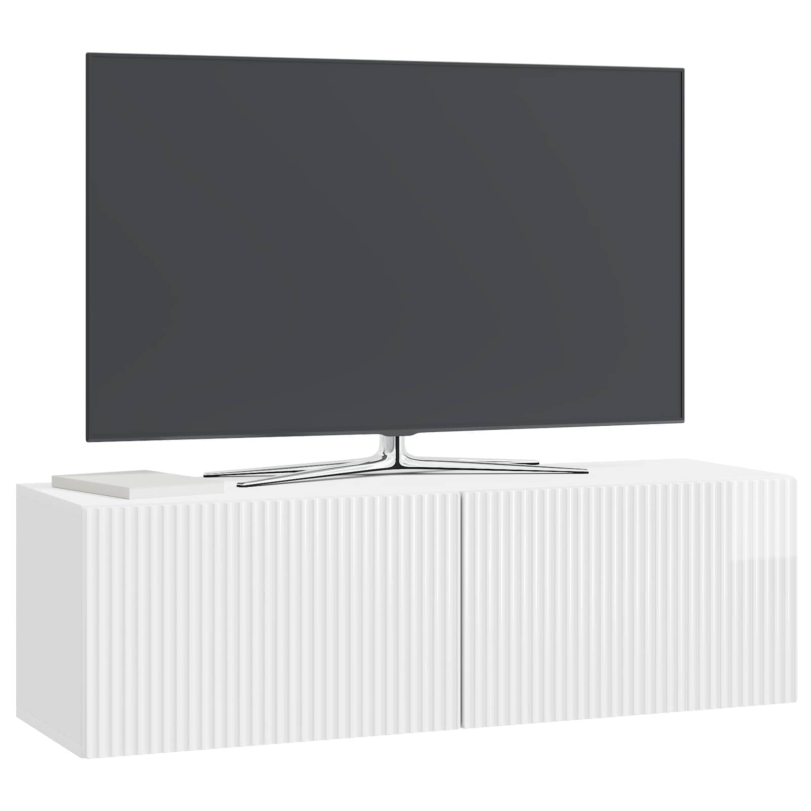 Mueble de TV colgante blanco de madera de ingeniería de alto brillo, mueble de TV moderno montado en la pared con puertas batientes, gran espacio de almacenamiento