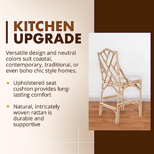 Kouboo Chippendale Rattan Kitchen Counter Chair, Kitchen Island Seating, Kitchen Furniture, Bohemian Decor, Contemporary Seating, Off White Upholstery, Natural #TOP3