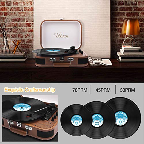 Voksun Record Player, Bluetooth Turntable With Built-In Speakers, 3-Speed Nostalgic Portable Vintage Suitcase Lp Vinyl Record Player, Vinyl To Mp3 Recording, With Aux Usb Rca Headphone Jack,Brown #TOP7
