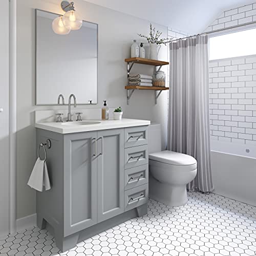 Ariel 37" Inch Grey Bathroom Vanity W/ 1.5" Edge Pure White Quartz Countertop W/Back & Sidesplash | Left Offset Rectangle Sink | 2 Soft-Closing Doors | 5 Full Extension Dovetail Drawers Satin Nickel #TOP1