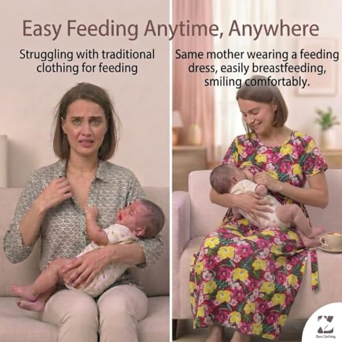 Image of Zero Clothing Feeding Dress for New Moms Casual Loungewear Ankle Length | Cotton Maternity Nighty | Zipless Feeding Dresses for Women | Pregnancy & Nursing Wear