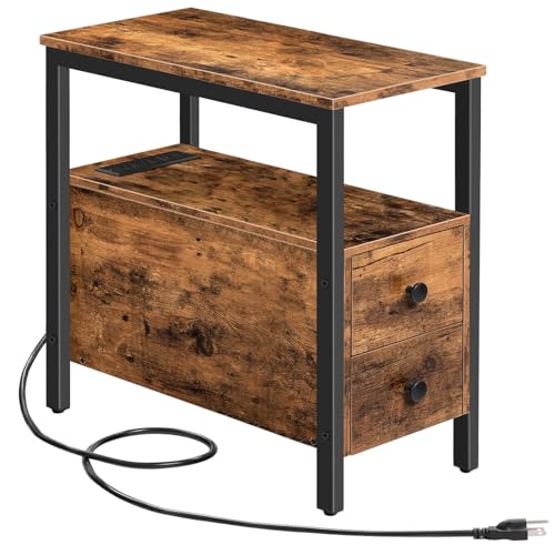 HOOBRO End Table with Charging Station, Narrow Side Table with 2 Drawer & USB Ports & Power Outlets,...
