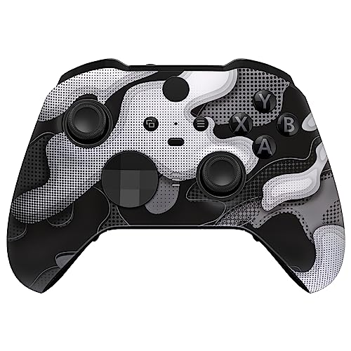 eXtremeRate Black White Camouflage Replacement Faceplate Cover for Xbox One Elite Controller Series 2 (Model 1797) Soft Touch Front Housing Shell &amp; Accent Rings for Xbox Elite Series 2 Core Controller