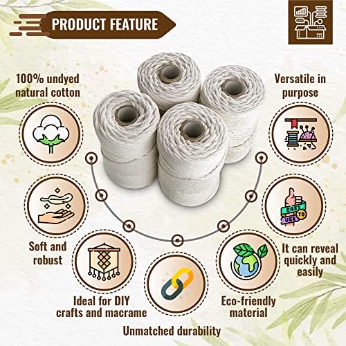 Macrame Cord 4mm x 100m Single twisted Natural Cotton Craft Rope, Strong Cotton String - Knitting, Crochet, Macramé for Handmade Wall Hanging, Dream Catcher, Plant Hangers, Knitting, Craft Cord
