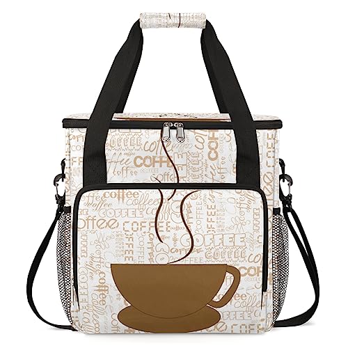 Image of Coffee Cup Coffee Maker Carring Bag Coffee Texts Travel Carrying Storage Tote Bag Compatible with Keurig K-Mini or K-Mini Plus Portable Single Serve Coffee Brewer Case with Pockets for K-cup Pods