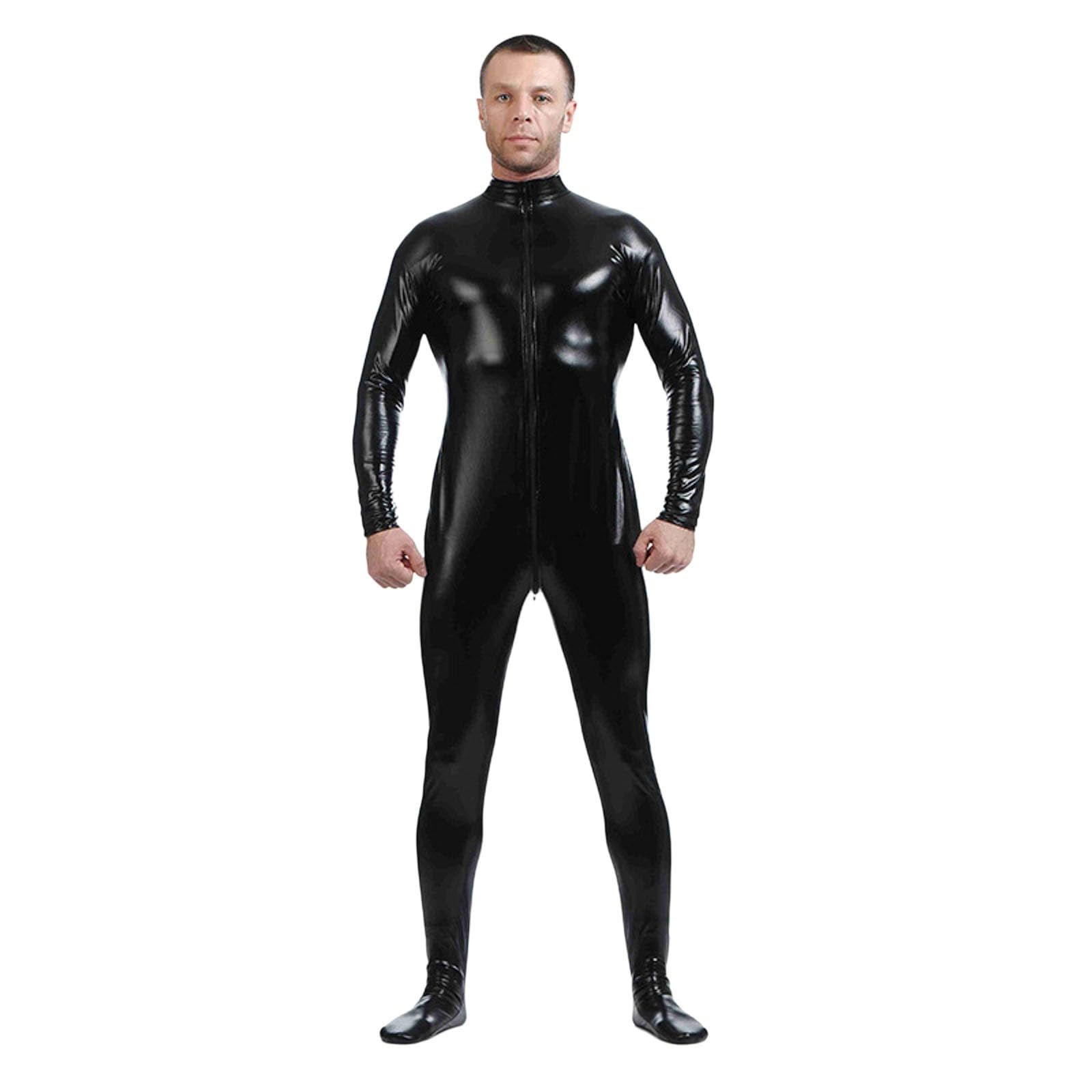 Mono de piel brillante para hombre, diseño sexy de piel de charol y látex, con cremallera, con cremallera, sexy, de charol