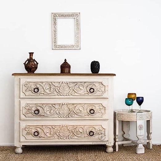 Nazar Art & Craft solid wooden handcarved Chest of Drawers | Sideboard cabinet with 3 Drawers | for living room, hall, home | Grey | Mango Wood | 40D x 90W x 76H cm-image-24