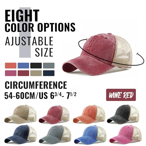 Image of Croogo Men's Adjustable Mesh Back Cap Curved Bill Snapback Mesh Baseball Cap Retro Washed Trucker Cap Breathable Sun Hat