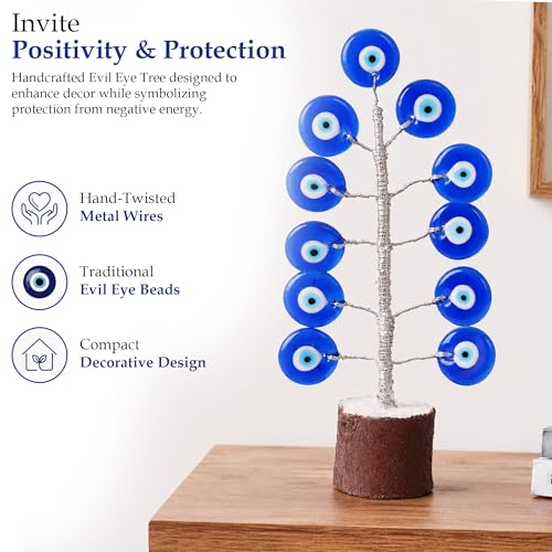 Image of Evil Eye Protection Tree Decor for Home & Office | Nazar Suraksha Blue Eye Tree Stand with Wooden Base | Feng Shui Vastu Positive Energy & Protection Showpiece