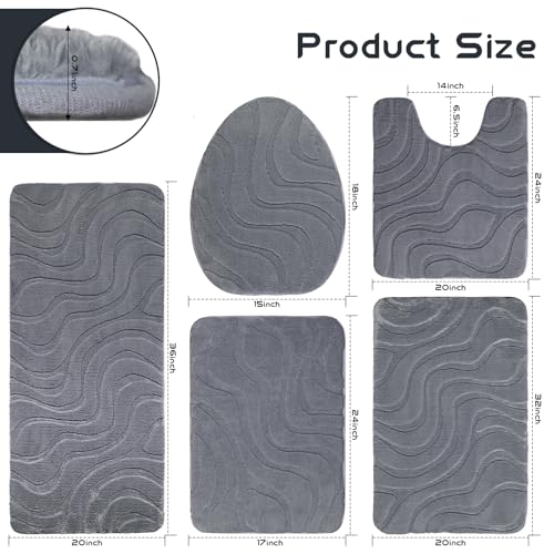 Aqzuxira Bathroom Rug Sets 5 Piece, Ultra Soft Absorbent Non-Slip Plush Bath Mats, Includes Toilet Cover, Bath Runner and U-Shaped Contour Toilet Rug, Machine Washable, Light Grey by Aqzuxira - Used condition - Image 2