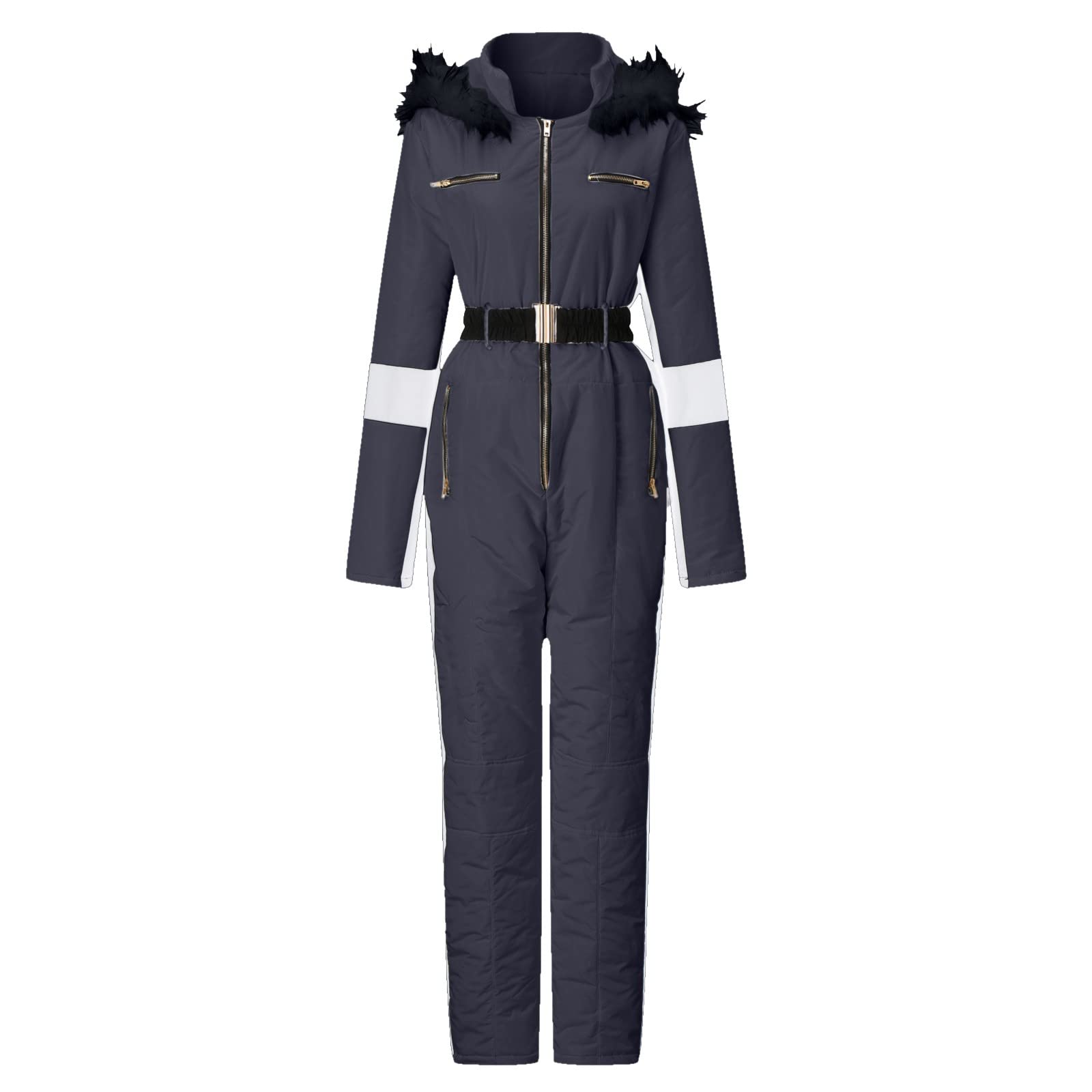 Combinaison de Ski Femmes Hiver Chaude Peluche Capuche Couleur unie Overall Neige Sports de Plein Air Zipper Ski Suit Imperméable Coupe-vent Jumpsuit Grande Taille