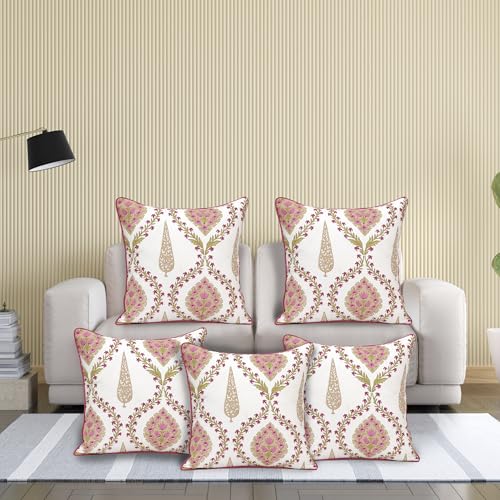 Image of Cotton Cushion Covers 16x16 Inch - Hand Block Floral Print Pillow Covers for Sofa, Couch & Bedroom (Pack of 5) (Marron & White)