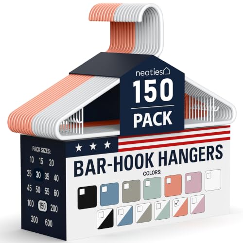 Neaties Plastic Hangers 100+ Pack (150 Count) – Made in the USA – 6lb Capacity Standard Clothes Hangers with Strap Hooks for Dresses, Lingerie, Shirts, Pants, and Jackets – White & Peach