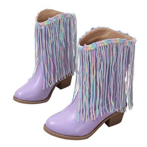 Botas para meninas com franjas decoradas no Reino Unido, salto de bloco, botas de ganga ocidentais de couro, botas de inverno e outono, botas curtas para crianças, sapatos antiderrapantes com borlas