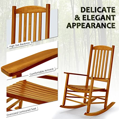 Hupmad Wooden Rocking Chair Rocker Outdoor Oversized Porch Rocker Chair,Patio Wooden Rocker with Armrest,All Weather Rocker Slatted for Backyard,Garden,400 lbs Support,Natural