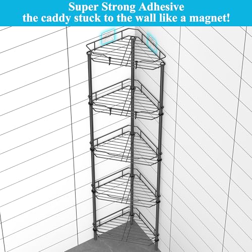 Image of HuggieGems 5 Tier Floor Standing Corner Shower Caddy Organizer Shelf with Hooks, Bathroom Shelves Stand Rack, Matt Black