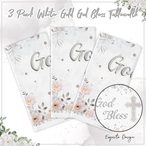 Image of God Bless Baptism Tablecloths - 3-Pack White Gold Baby Baptism Party Table Cover Silver Color Flower Cross Dosposable Plastic Waterproof Rectangle God Bless Tablecloth Baby First Communion