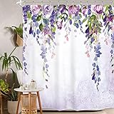 Homewelle Purple Floral Lavender Flower Shower Curtain for Bathroom 72Wx72L Inch Watercolor Weeping Wisteria Blossom Vine Leaves Girl Woman Living Room Home Decor Waterproof Polyester Fabric Bathtub