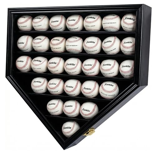 DisplayGifts Baseball Display Case Frame Shadow Box Wall Cabinet Holder to Hold 30 Balls, with Lockable Anti Fade UV Protection Acrylic Door for Homerun and Autograph Balls, Black Frame