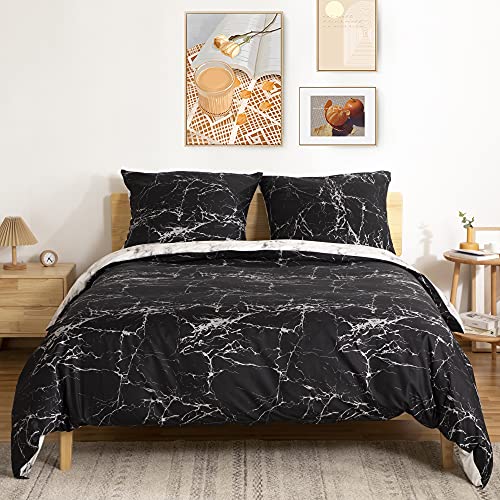 TOCOMOA Juego de ropa de cama de 135 x 200 cm, microfibra, 4 piezas, aspecto de mármol, negro y blanco, 2 fundas de edredón suaves y mullidas con cremallera y 2 fundas de almohada de 80 x 80 cm