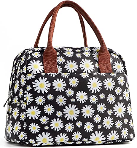 DIIG Lunchtasche für Frauen, große wiederverwendbare isolierte Lunchbox Arbeit, Erwachsene Faltbare Tragetasche Büro, gefrierbare Tasche mit Tasche, Grau/Blume/Flamingo-Druck (112/Gänseblümchen) Cover