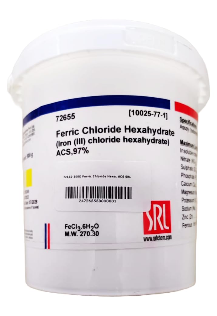See full amazon price history chart for SRL Ferric Chloride Hexahydrate ACS Grade, 97%, 500Gm, CAS: 10025-77-1, Molecular Formula: FeCl3.6H2O, Molecular Weight : 270.30, Storage: Room Temperature, Shelf Life: 60 Months for laboratory use SRL Ferric Chloride Hexahydrate ACS Grade, 97%, 500Gm, CAS: 10025-77-1, Molecular Formula: FeCl3.6H2O, Molecular Weight : 270.30, Storage: Room Temperature, Shelf Life: 60 Months for laboratory use (B0CWYTWT2Y) Amazon Price History, Amazon Price Tracker