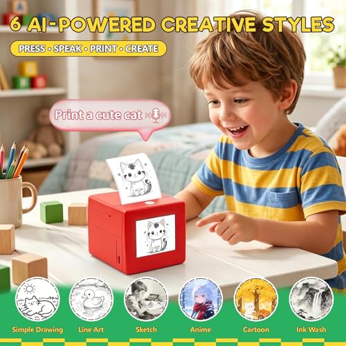 Image of TMY Smart AI Voice Sticker Printer, Kids Toys Spark Imagination Intellectual Development, Mini Thermal Label Printer with Display, Inkless Portable Sticker Maker, 4 Rolls Paper (1305) (TMY46)