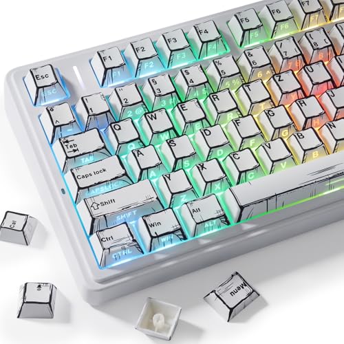 PBT German Keycaps 133 Keys Manga White Keycap Retro Style Side Printed Shine Through Dye Sub Keycap for Cherry MX Switch ISO QWERTZ Layout Mechanical Keyboards