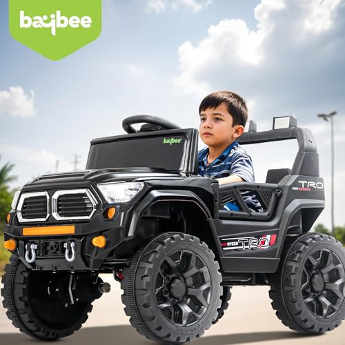 Image of Baybee Trojan Battery Operated Jeep for Kids with RGB Windshield Light, Bluetooth, USB & Music | Baby Big Ride on Battery Car | Electric Jeep Car for Kids to Drive for 2 to 6 Years Boys Girls (Black)