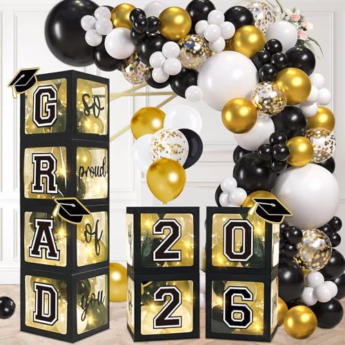 DAZONGE 2026 Graduation Decorations Black and Gold - Set of 4 Grad Boxes with 139pcs Balloon Arch Garland Kit & 4 Light Strings - So Proud of You 2026 Graduation Party Decorations for Any Grades