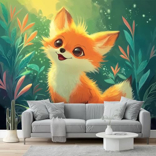 Papel pintado Zorro, bosque, sanación Papel pintado tejido no tejido 400 x 280 cm decoración Pared decorativos Tv Fondo Pared Dormitorio Murales Papel Tapiz Moderno Naranja Verde