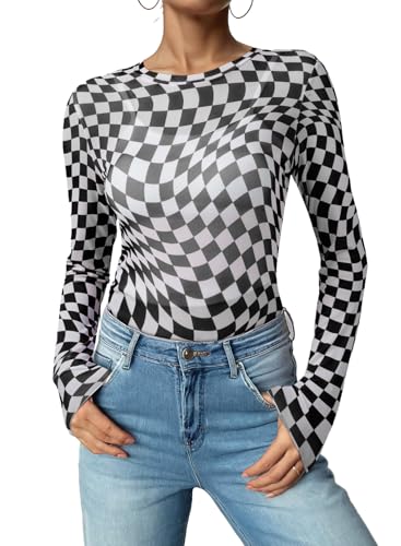 Acelitt Womens Long Sleeve Sheer Mesh Tops See Through Lace Blouse Shirts,S-XXL