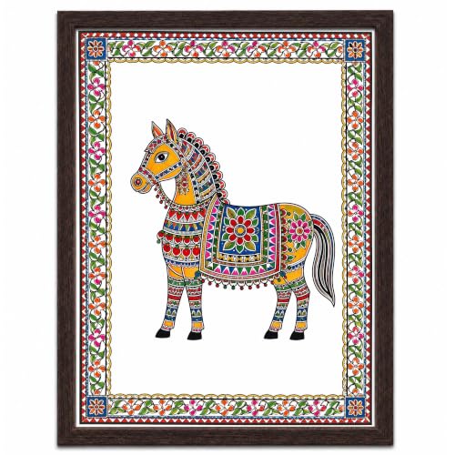 Image of PAPER PAJAMA Madhubani Vastu Horse Wall Art for Living Room | Traditional Indian Folk Painting | Mithila Art Framed Decor for Home, Office & Bedroom (10x13 Inches)