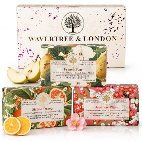 Wavertree & London Trio Gift Box (3 Bars) - 7oz Japanes Plum, French Pear and Sicilian Orange Scented Moisturizing French Triple Milled Natural Soap Bars - Pure Plant Oil Soap Bars for All Skin Types