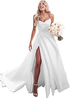ZHCHUI Vestido de fiesta de satén para mujer, vestido de baile sin tirantes, vestido largo fruncido para boda, vestidos fo...