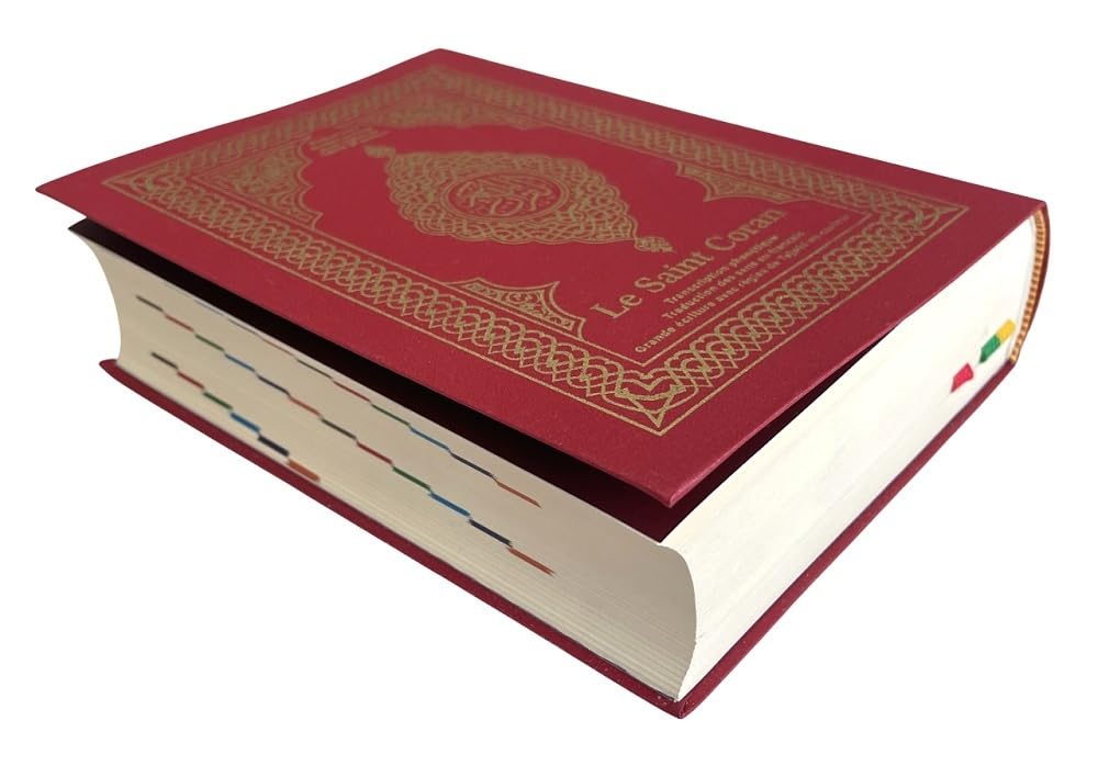 Le Saint Coran avec grands caractères - Transcription phonétique - Traduction des sens en français - Règles de Tajwîd en couleur - QR Codes - Rouge doré (13,5 x 18 cm)