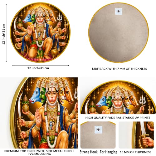 Image of PAINTINGMANTRA Panchmukhi Hanuman Ji Framed Wall Art Painting For Living Room| Spiritual Lord Hanuman Religious Poster with Round frame for Wall, Decoration item for Home, Office, 12 Inch