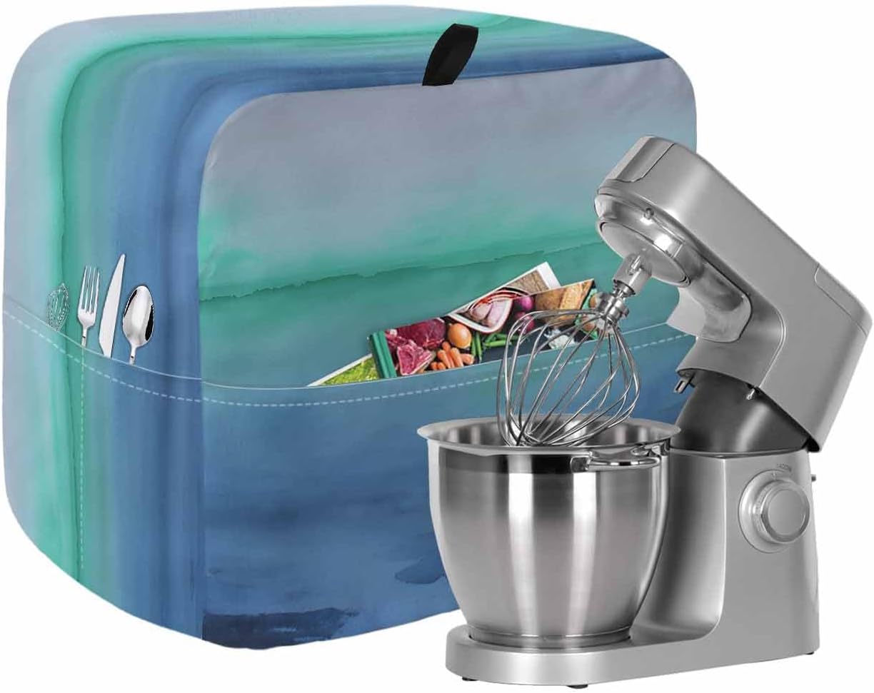 Turquoise Blue Gray Stand Mixer Cover with Storage Pocket, Waterproof Kitchen Mixer Covers, Vintage Minimalist Ombre Abstract Kitchen Appliance Dust Cover Compatible with 4/4.5 Quart Mixers