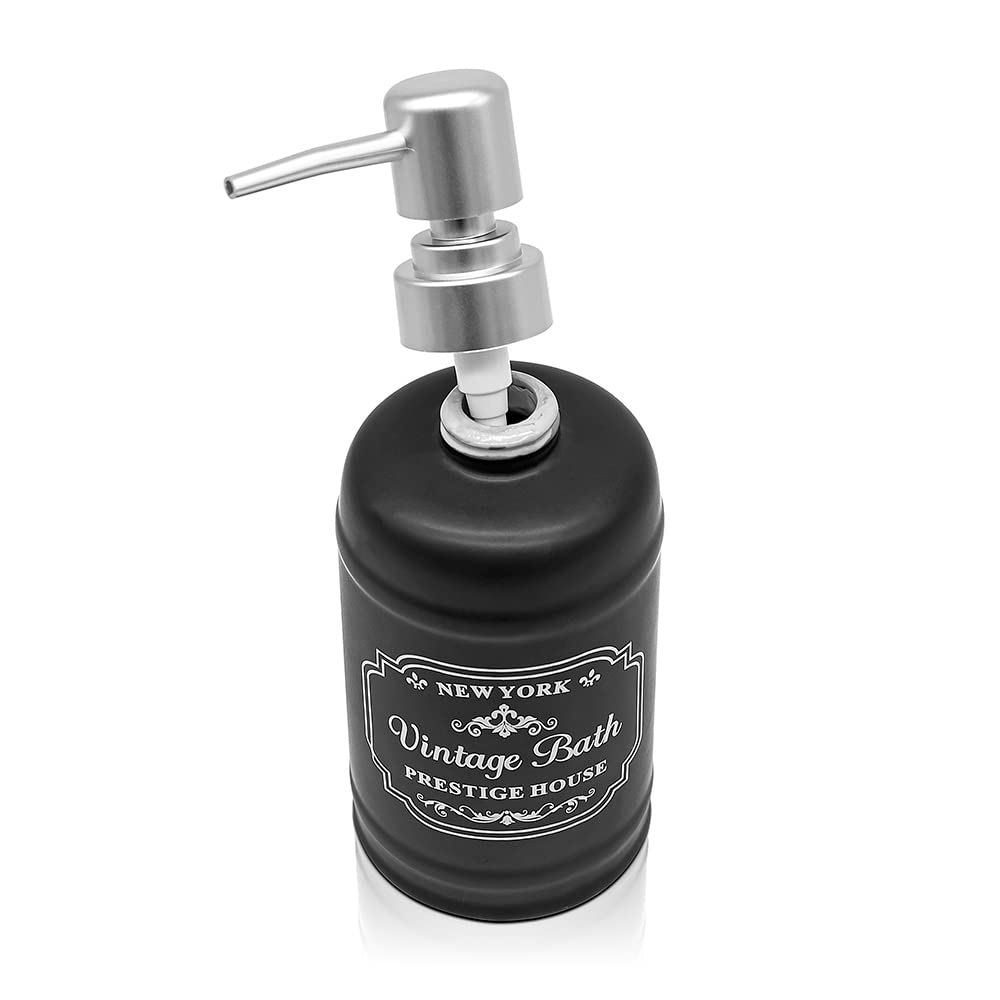 Inbagno Set Bagno Completo in Ceramica Nera con Stampe a Contrasto Bianche, Include Dispenser Sapone, portaspazzolini, portasapone e portascopino