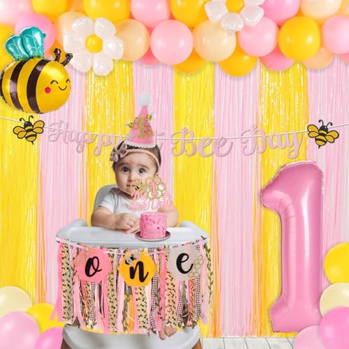 Image of Happy 1st Bee Day Highchair Banner for Girls Birthday Party Decorations | Pink Bumble Bee High Chair Fabric Banner for Bee First Birthday High Chair Tassel Banner for Backdrop Decoration Photo Props