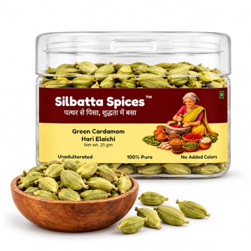 Image of Silbatta Spices Premium Green Cardamom (Hari Elaichi) 25g | Whole Green Cardamom Pods | 100% Pure | Unpolished | Manually Cleaned & Destoned | No Added Colours