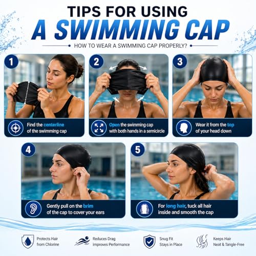 Image of PulGos Premium Silicone Swim Cap - Unisex Black Cap for Adults | Snug, Stretchable Fit for Long & Short Hair | Protects Hair, Reduces Drag | Ideal for Training, Competitions & Leisure Swimming