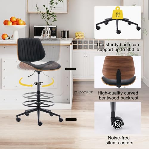 Image of Drafting Home Office Chair, Swivel Desk Chair with Bend Wood Backrest, Ergonomic Office Chairs with Adjustable Height and Footrest Ring for Bar Lab Counter Height Desk and Drawing (Blcak)