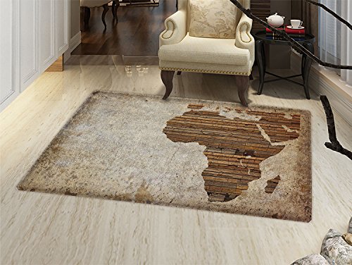 Image of smallbeefly African Door Mats Area Rug Geography Theme Grunge Vintage Wooden Plank and Africa Map Digital Print Floor mat Bath Mat for tub Tan Umber and Brown
